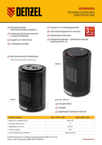 Тепловентилятор электрический керамический DTFC-1200, 3 режима, вентилятор, нагрев 600/1200 Вт Denzel по ценам производителя в Краснодаре с доставкой по всей России