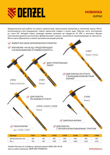Кирка-молоток 650 г, фибергласовая обрезиненная рукоятка 385 мм Denzel по ценам производителя в Краснодаре с доставкой по всей России