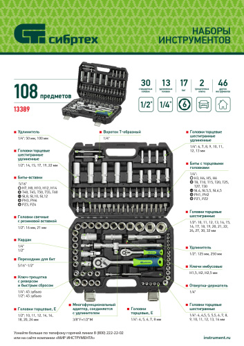 Набор инструментов, 1/2", 1/4", 108 предметов// Сибртех по ценам производителя в Краснодаре с доставкой по всей России