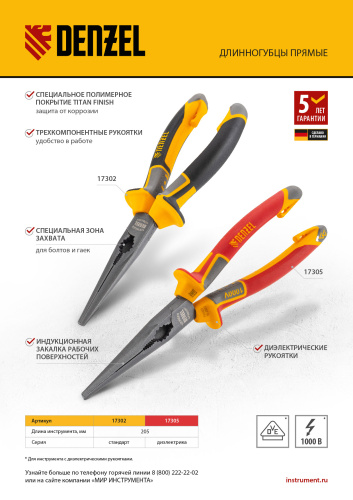 Длинногубцы прямые, диэлектрические рукоятки до 1000 В, трехкомпонентные рукоятки, 205мм Denzel по ценам производителя в Краснодаре с доставкой по всей России