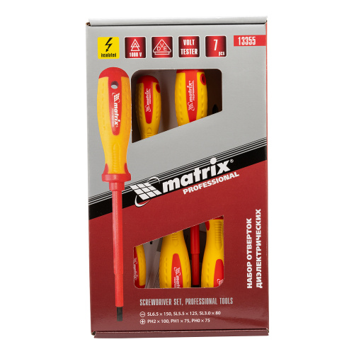 Набор диэлектрических отверток 7 шт, до 1000 В, пробник электрический до 250 В, двухкомпонентные рукоятки Matrix Professional по ценам производителя в Краснодаре с доставкой по всей России