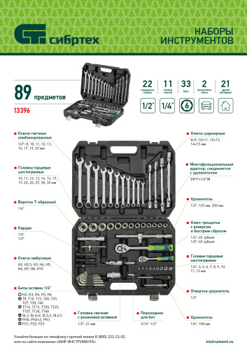 Набор инструментов, 1/2", 1/4", пластиковый кейс 89 предметов Сибртех по ценам производителя в Краснодаре с доставкой по всей России