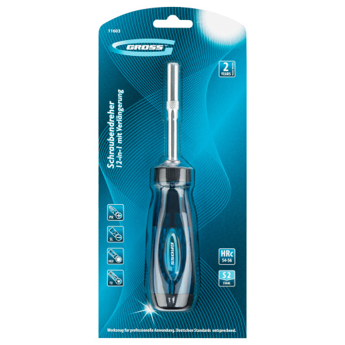 Отвертка реверсивная с удлинителем, трещотка 72 зуба, 12 шт, сталь S2 Gross по ценам производителя в Краснодаре с доставкой по всей России