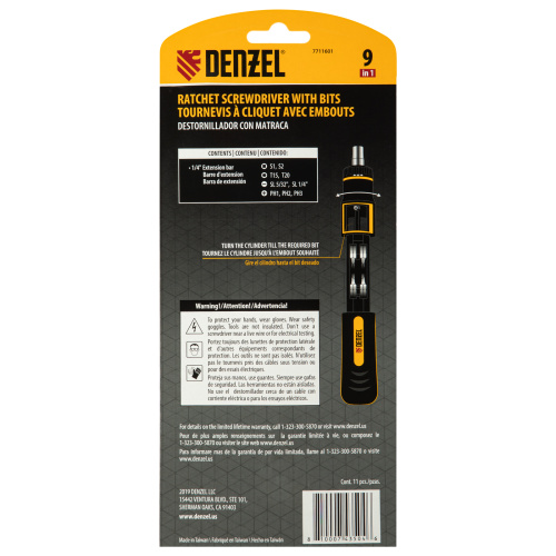 Отвертка реверсивная с револьверным механизмом, 11 шт, сталь S2  Denzel по ценам производителя в Краснодаре с доставкой по всей России