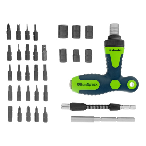 Отвертка Т-образная реверсивная с набором бит, торцевых головок, 33 предмета, CrV Сибртех по ценам производителя в Краснодаре с доставкой по всей России