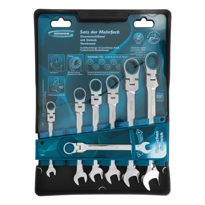 Набор ключей комбинированных с трещоткой, 8-19 мм, 7 шт, шарнирные, CrV Gross по ценам производителя в Краснодаре с доставкой по всей России