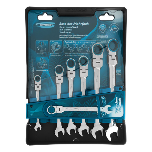 Набор ключей комбинированных с трещоткой, 8-19 мм, 7 шт, шарнирные, CrV Gross по ценам производителя в Краснодаре с доставкой по всей России