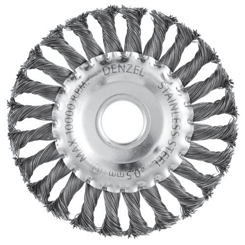 Щетка для УШМ, 125 мм, "Плоская", крученая нержавеющая проволока 0.5 мм, посадка 22.2 мм Denzel по ценам производителя в Краснодаре с доставкой по всей России