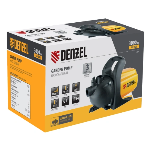 Садовый поверхностный насос GP 600, 600 Вт, 3000 л/ч, подъем 35 м, пластик Denzel по ценам производителя в Краснодаре с доставкой по всей России