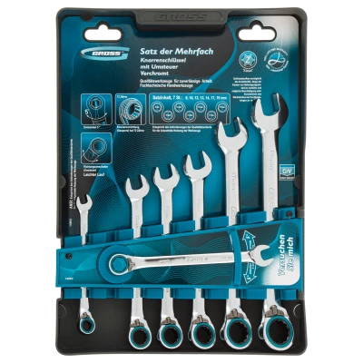 Набор ключей комбинированных с трещоткой, 8-19 мм, 7 шт, реверсивные, CrV Gross по ценам производителя в Краснодаре с доставкой по всей России