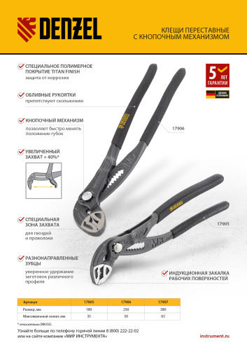 Клещи переставные, кнопочный механизм, обливные рукоятки, 180 мм Denzel по ценам производителя в Краснодаре с доставкой по всей России