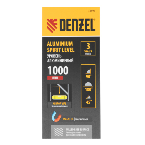 Уровень алюминиевый, магнит, фрезерованный, 3 глазка (1 зеркал.) 0,5 мм/м, 1000 мм Denzel по ценам производителя в Краснодаре с доставкой по всей России