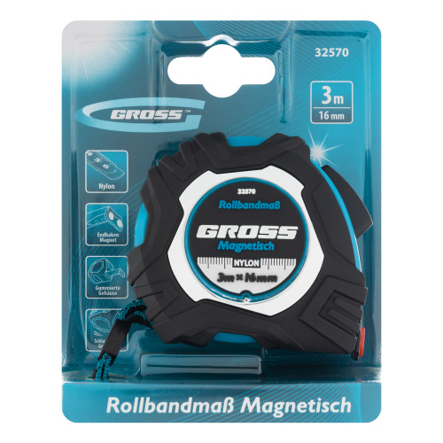 Рулетка Magnetisch 3 м х 16 мм,обрезиненный корпус,автоматическая фиксация,Нейлоновое покрытиеытие,зацеп с магнитом Gross по ценам производителя в Краснодаре с доставкой по всей России