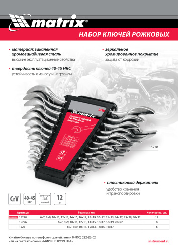 Набор ключей рожковых, 6 х 32 мм, 12 шт., CrV, хромированные Matrix по ценам производителя в Краснодаре с доставкой по всей России