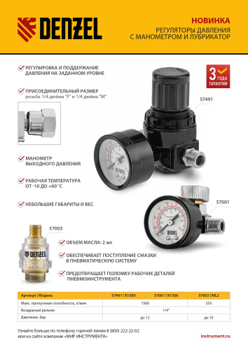 Регулятор давления с манометром для краскораспылителя K1500, 12 бар, 1/4" Denzel по ценам производителя в Краснодаре с доставкой по всей России