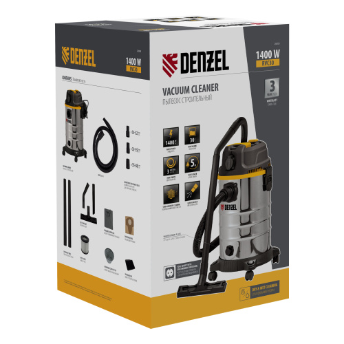 Пылесос строительный RVC30, 1400 Вт, бак 30 л, шланг 3 м, розетка с автосинхр. Denzel по ценам производителя в Краснодаре с доставкой по всей России