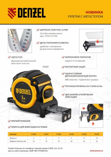 Рулетка 5м х 25мм, автоматич. фиксац., нейлон. покрытие, магнит. зацеп, двухстор. разметка Denzel по ценам производителя в Краснодаре с доставкой по всей России