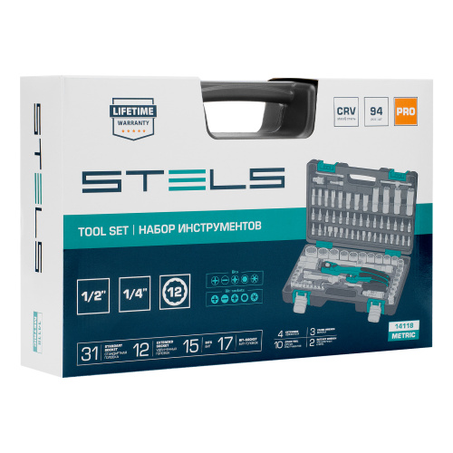 Набор инструментов 1/2", 1/4", CrV, 12 гранные головки, пластиковый кейс, 94 предмета Stels по ценам производителя в Краснодаре с доставкой по всей России