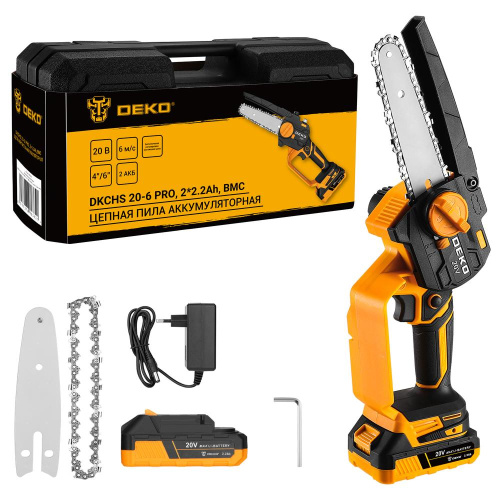 Пила цепная аккумуляторная DEKO DKCHS 20-6 PRO, 4" и 6", 20В, 2x2.2Ач, 2 шины и 2 цепи в кейсе по ценам производителя в Краснодаре с доставкой по всей России