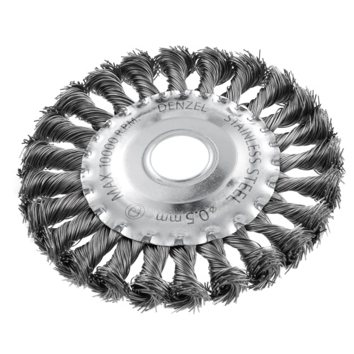 Щетка для УШМ, 125 мм, "Плоская", крученая нержавеющая проволока 0.5 мм, посадка 22.2 мм Denzel по ценам производителя в Краснодаре с доставкой по всей России