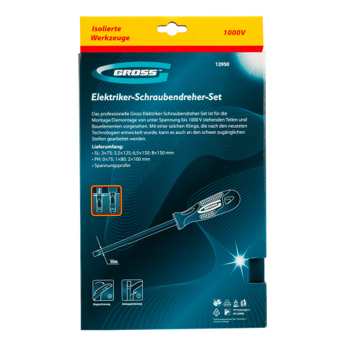 Набор отверток диэлектрических до 1000 В, 8 шт, тестер, CrMo, двухкомпонентные рукоятки Gross по ценам производителя в Краснодаре с доставкой по всей России