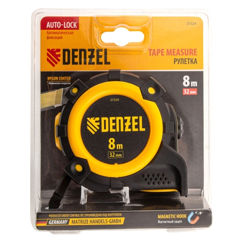 Рулетка 8м х 32мм, автоматич. фиксац., нейлон. покрытие, магнит. зацеп, двухстор. разметка Denzel по ценам производителя в Краснодаре с доставкой по всей России