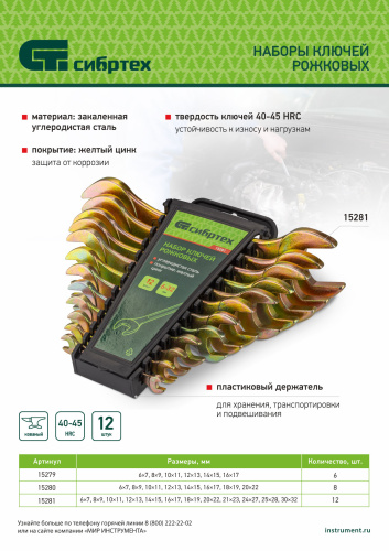 Набор ключей рожковых 6-32 мм, 12 шт, желтый цинк Сибртех по ценам производителя в Краснодаре с доставкой по всей России