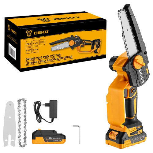 Пила цепная аккумуляторная DEKO DKCHS 20-6 PRO, 4" и 6", 20В, 2x2.2Ач, 2 шины и 2 цепи по ценам производителя в Краснодаре с доставкой по всей России