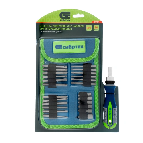 Отвертка реверсивная с набором бит и торцевых головок, 25 шт, CrV, чехол Сибртех по ценам производителя в Краснодаре с доставкой по всей России