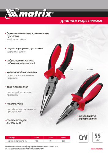 Длинногубцы прямые, 160 мм, хром-ванадий, двухкомпонентные рукоятки Matrix по ценам производителя в Краснодаре с доставкой по всей России