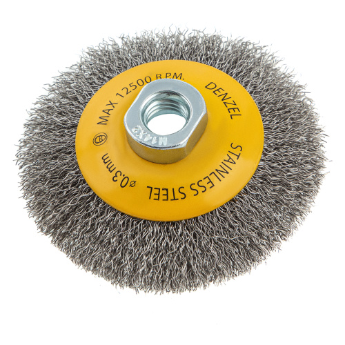 Щетка для УШМ, 100 мм, "Тарелка", витая нержавеющая проволока 0.3 мм, М14 Denzel по ценам производителя в Краснодаре с доставкой по всей России