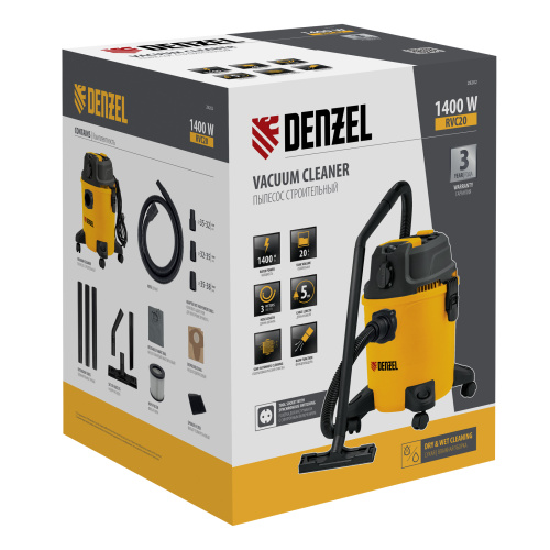 Пылесос строительный RVC20, 1400 Вт, бак 20 л, шланг 3 м, розетка с автосинхр. Denzel по ценам производителя в Краснодаре с доставкой по всей России