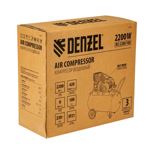 Компрессор воздушный рем. привод BCI 2200/100, 2,2 кВт, 100 литров, 420 л/мин Denzel по ценам производителя в Краснодаре с доставкой по всей России