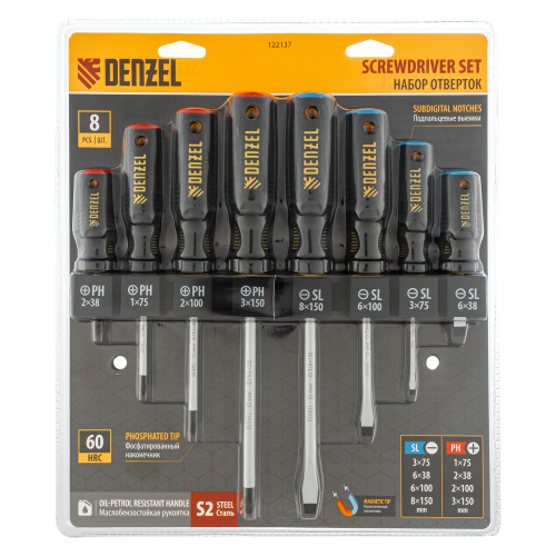 Набор отверток на полке, 8 шт., PH+SL, S2, 3к рукоятка Denzel по ценам производителя в Краснодаре с доставкой по всей России