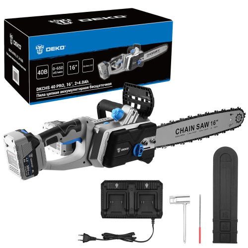 Пила цепная аккумуляторная бесщеточная DEKO DKCHS 40 PRO, 16", 2х20В, 2x4.0Ач, двойное з/у по ценам производителя в Краснодаре с доставкой по всей России