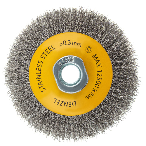 Щетка для УШМ, 100 мм, "Тарелка", витая нержавеющая проволока 0.3 мм, М14 Denzel по ценам производителя в Краснодаре с доставкой по всей России