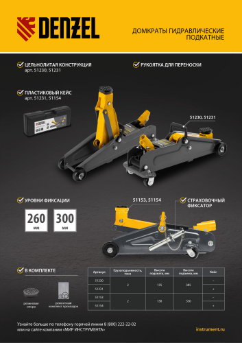 Домкрат гидравлический подкатной, 2 т, 135-385 мм, в пласт. кейсе Denzel по ценам производителя в Краснодаре с доставкой по всей России