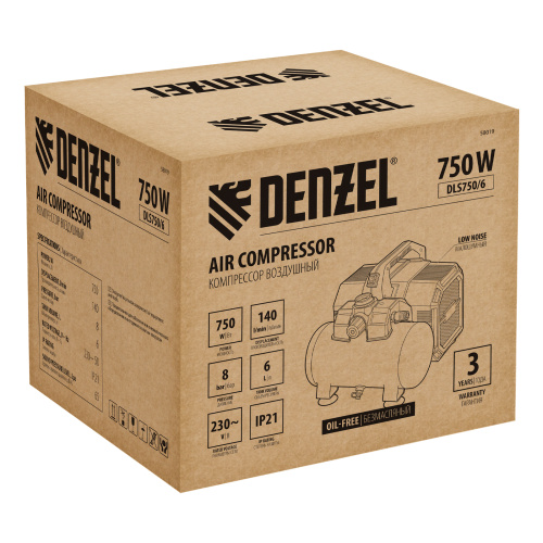 Компрессор  DLS750/6 безмасляный малошумный 750 Вт, 140 л/мин,ресивер 6 л Denzel по ценам производителя в Краснодаре с доставкой по всей России