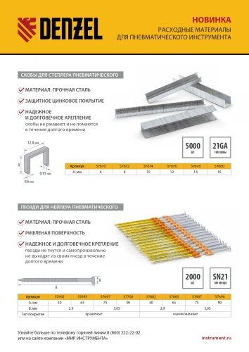 Гвозди для пнев. нейлера (оцинк.) длина - 50 мм, диам. - 2,9 мм, 2000 шт. Denzel по ценам производителя в Краснодаре с доставкой по всей России