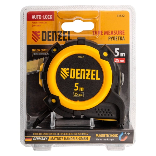 Рулетка 5м х 25мм, автоматич. фиксац., нейлон. покрытие, магнит. зацеп, двухстор. разметка Denzel по ценам производителя в Краснодаре с доставкой по всей России