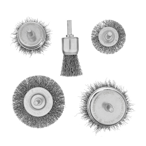 Набор щеток для дрели, 2 Плоские 50-75мм, 3 Чашки 25-50-75мм, шпилька,  нерж.вит. проволока Denzel по ценам производителя в Краснодаре с доставкой по всей России