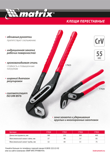 Клещи переставные 250 мм, хром-ванадий, обливные рукоятки Matrix по ценам производителя в Краснодаре с доставкой по всей России