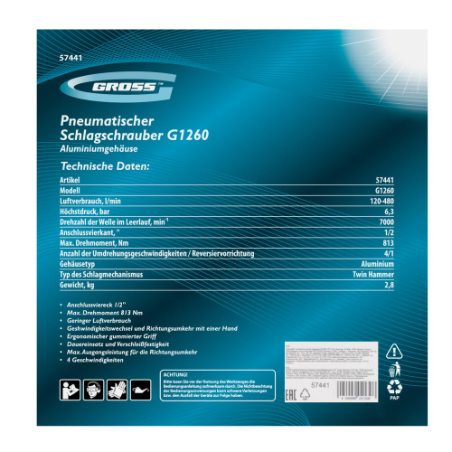 Гайковерт пневматический ударный G1260,1/2, Twin Hammer, 813Нм, 7000 об/мин Gross по ценам производителя в Краснодаре с доставкой по всей России
