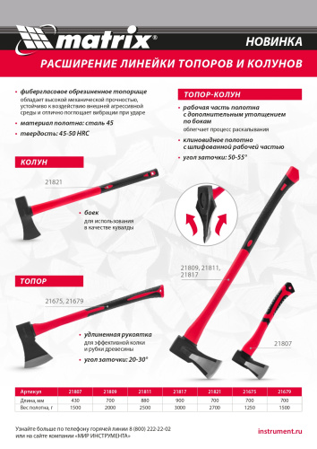 Топор-колун с клиновидным полотном 3000 г, фибергласовое обрезиненное топорище 900 мм Matrix по ценам производителя в Краснодаре с доставкой по всей России