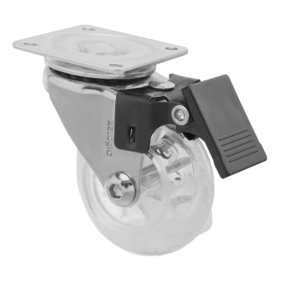 Колесо ПУ прозрачное поворотное с тормозом d-50 мм, крепление платформенное Сибртех по ценам производителя в Краснодаре с доставкой по всей России
