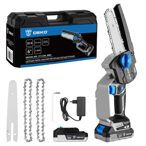 Пила цепная аккумуляторная бесщеточная DEKO DKCHS 20V, 6", 20В, 2x2.2Ач, 2 шины и 3 цепи в кейсе по ценам производителя в Краснодаре с доставкой по всей России