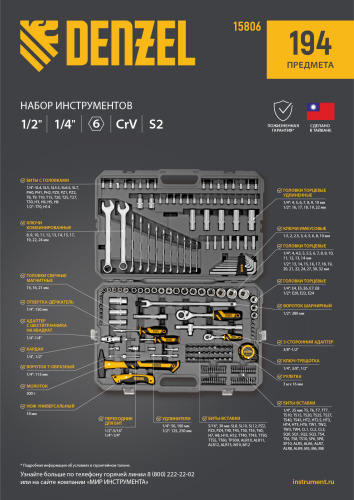 Набор инструментов, 1/2", 1/4", CrV, S2, пластиковый кейс, 194 предмета Denzel по ценам производителя в Краснодаре с доставкой по всей России
