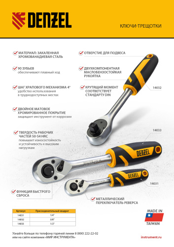 Ключ-трещотка 1/4", 90 зубьев, с быстрым сбросом, CrV Denzel по ценам производителя в Краснодаре с доставкой по всей России