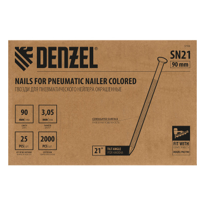 Гвозди для пнев. нейлера (крашен.) длина - 90 мм, диам. - 3,05 мм, 2000 шт. Denzel по ценам производителя в Краснодаре с доставкой по всей России