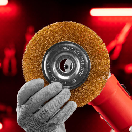 Щетка для УШМ, 150 мм, посадка 22.2 мм, плоская, латунированная витая проволока Matrix по ценам производителя в Краснодаре с доставкой по всей России